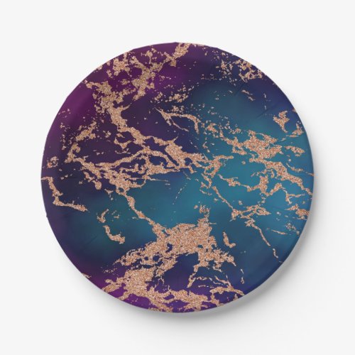 Moody Luxe Marble  Deep Purple and Teal Rose Gold Paper Plates