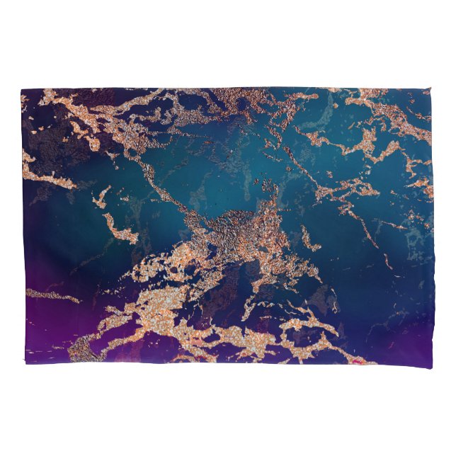 Moody Luxe Marble | Deep Purple and Teal Rose Gold Pillow Case (Front)