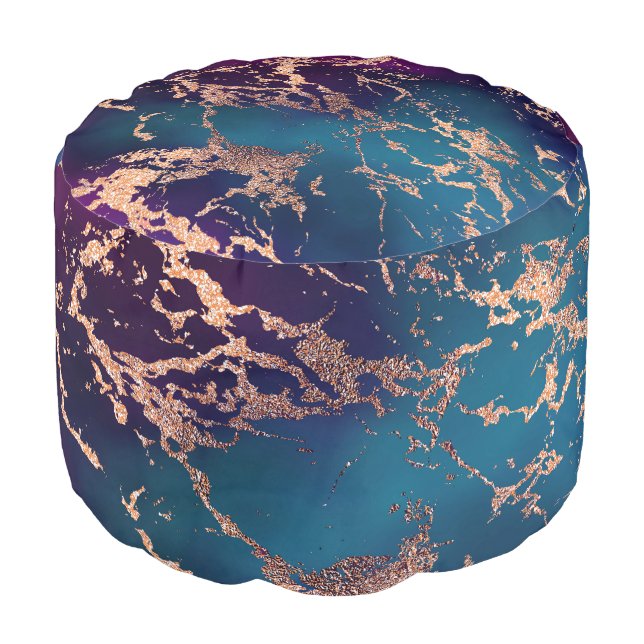 Moody Luxe Marble | Deep Purple and Teal Rose Gold Pouf (Angled Front)