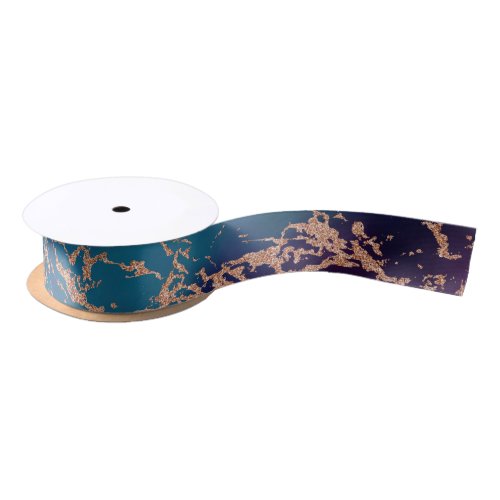 Moody Luxe Marble  Deep Purple and Teal Rose Gold Satin Ribbon