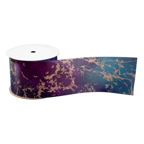 Moody Luxe Marble  Deep Purple and Teal Rose Gold Satin Ribbon