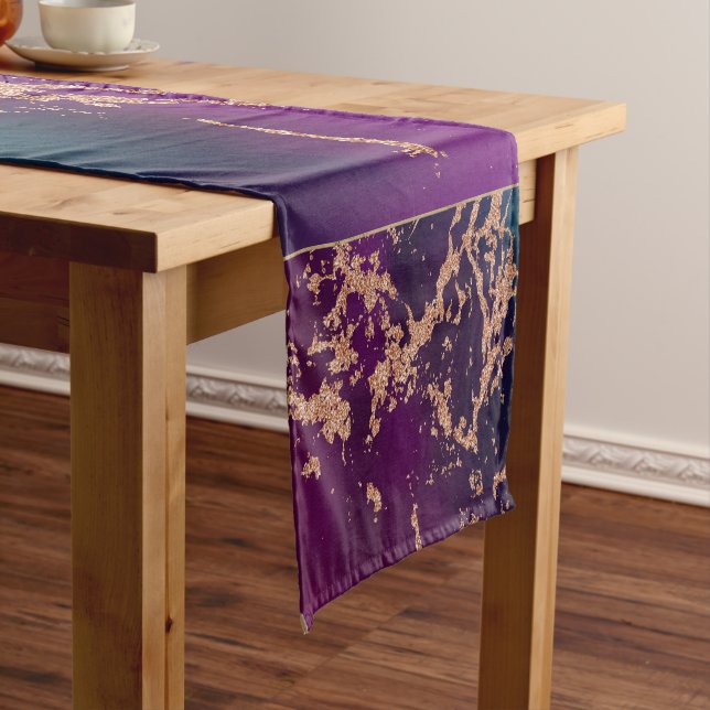 Moody Luxe Marble | Deep Purple and Teal Rose Gold Short Table Runner (In Situ)