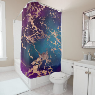 Moody Luxe Marble Deep Purple and Teal Rose Gold Shower Curtain
