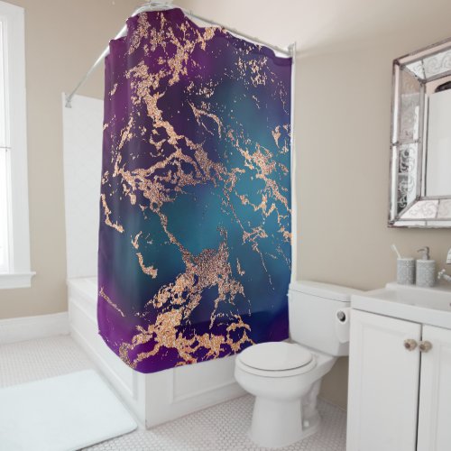 Moody Luxe Marble  Deep Purple and Teal Rose Gold Shower Curtain