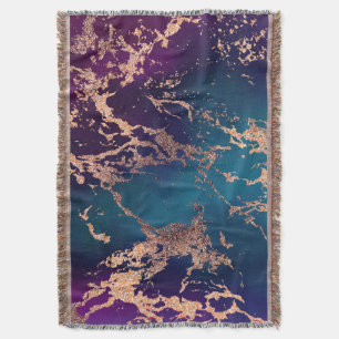 Moody Luxe Marble Deep Purple and Teal Rose Gold Throw Blanket