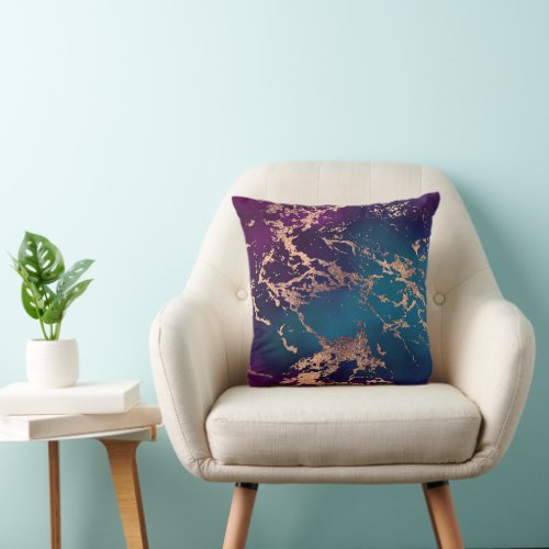 Moody Luxe Marble  Deep Purple and Teal Rose Gold Throw Pillow