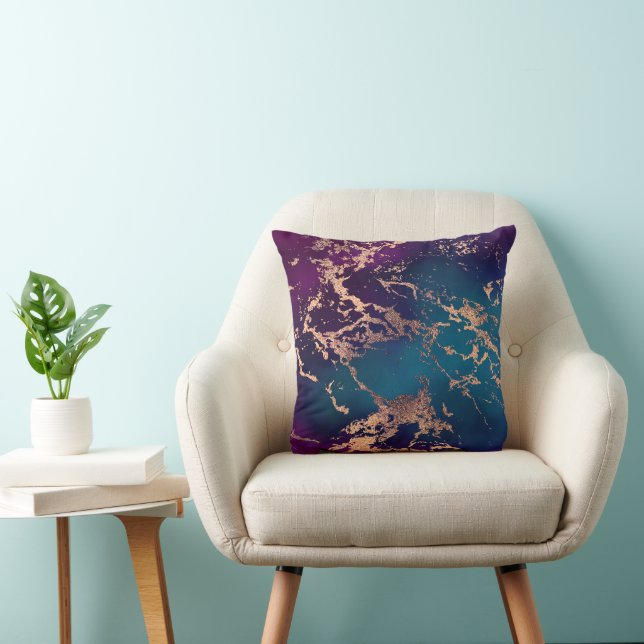 Moody Luxe Marble | Deep Purple and Teal Rose Gold Throw Pillow (Chair)