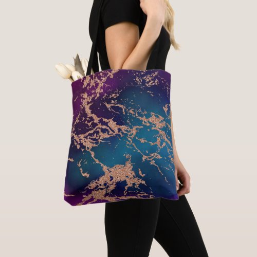Moody Luxe Marble  Deep Purple and Teal Rose Gold Tote Bag