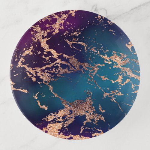 Moody Luxe Marble  Deep Purple and Teal Rose Gold Trinket Tray