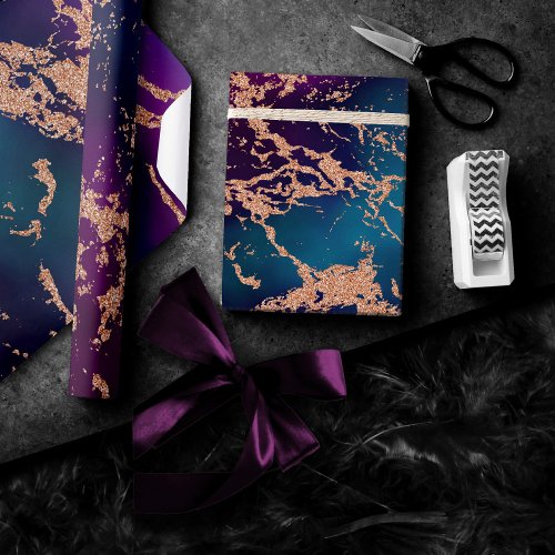 Moody Luxe Marble  Deep Purple and Teal Rose Gold Wrapping Paper