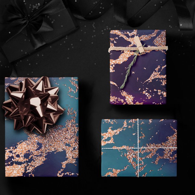 Moody Luxe Marble | Deep Purple and Teal Rose Gold Wrapping Paper Sheets (Creator Uploaded)