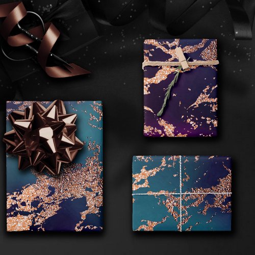 Moody Luxe Marble  Deep Purple and Teal Rose Gold Wrapping Paper Sheets