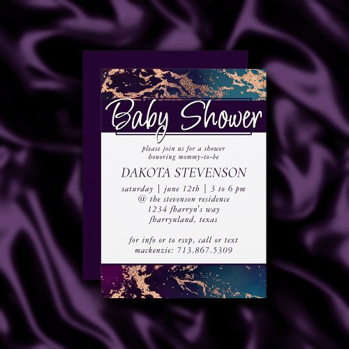 Moody Luxe Marble  Deep Purple and Teal Shower Invitation