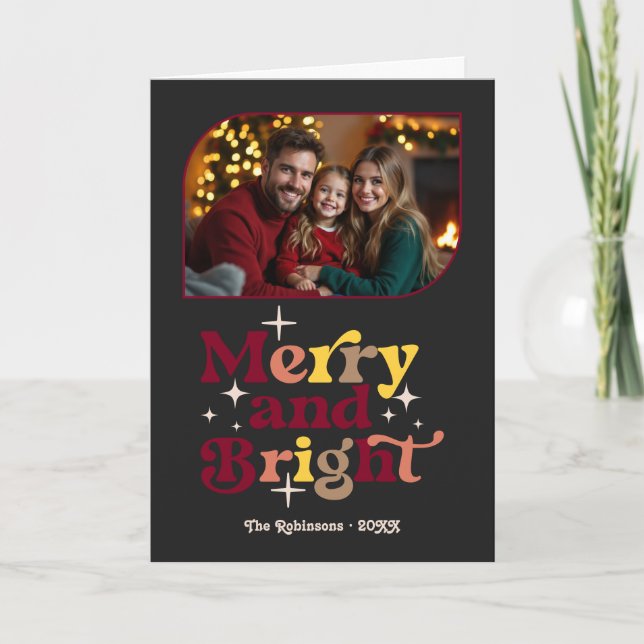 Moody Luxe Merry and Bright Retro Christmas Photo Holiday Card (Front)