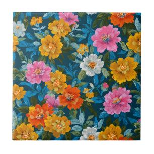 Moody Magenta Yellow Floral Dark Teal Ceramic Tile