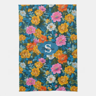 Moody Magenta Yellow Floral Dark Teal Kitchen Towel