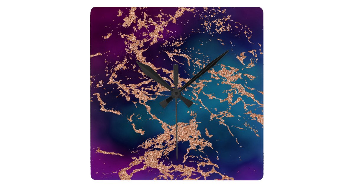 Moody Marble Decor Luxe Deep Purple Teal Gold Square Wall Clock