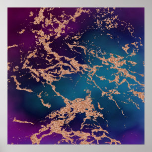 Moody Marble Luxe Deep Purple Teal Rose Gold Poster