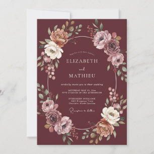 Moody Maroon Wreath Wedding Invitation