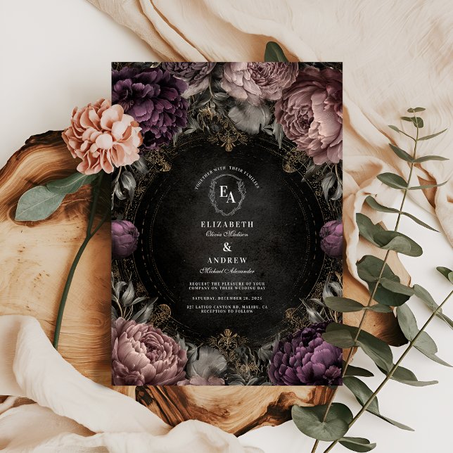 Moody Mauve Peony Gothic Wedding Invitation (Creator Uploaded)