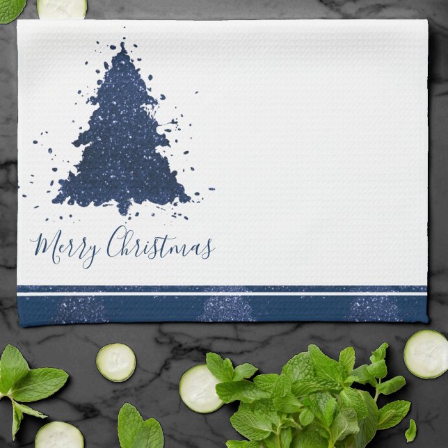 Moody Merry Christmas | Classy Dark Navy Blue Tree Kitchen Towel (Creator Uploaded)