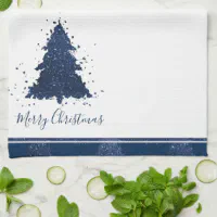 Moody Merry Christmas, Classy Dark Navy Blue Tree Kitchen Towel, Zazzle