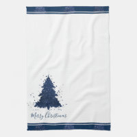 Moody Merry Christmas, Classy Dark Navy Blue Tree Kitchen Towel, Zazzle
