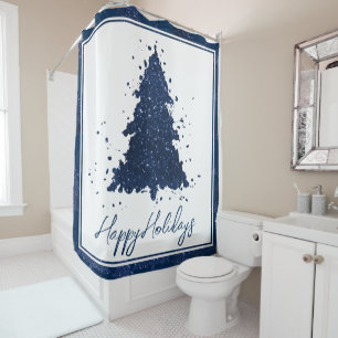 Moody Merry Christmas   Classy Dark Navy Blue Tree Shower Curtain