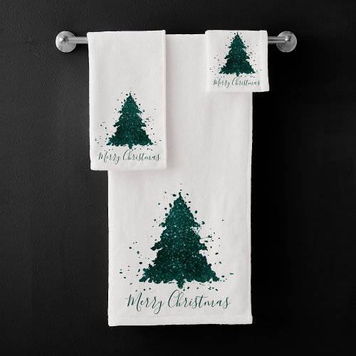 Moody Merry Christmas  Dark Midnight Teal Tree Bath Towel Set