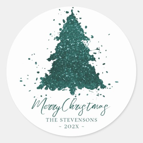 Moody Merry Christmas  Dark Midnight Teal Tree Classic Round Sticker