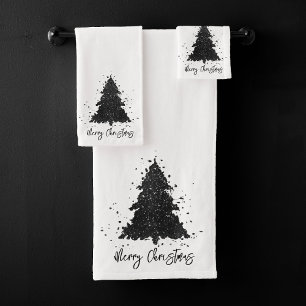 Moody Merry Christmas   Onyx Silvery Charcoal Tree Bath Towel Set