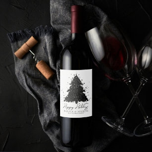 Moody Merry Christmas Onyx Silvery Charcoal Tree Wine Label