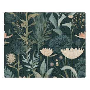 Moody Midnight Botanical Garden Floral Pattern Jigsaw Puzzle