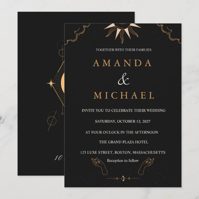 Moody Midnight Celestial Gold Foil Starry Night Invitation (Front/Back)