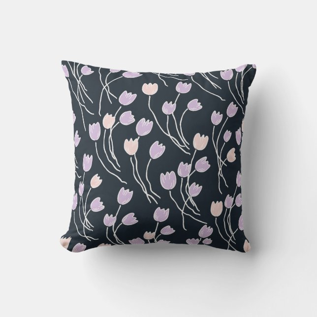 Moody Midnight Garden Navy & Lilac Floral Throw Pillow (Front)