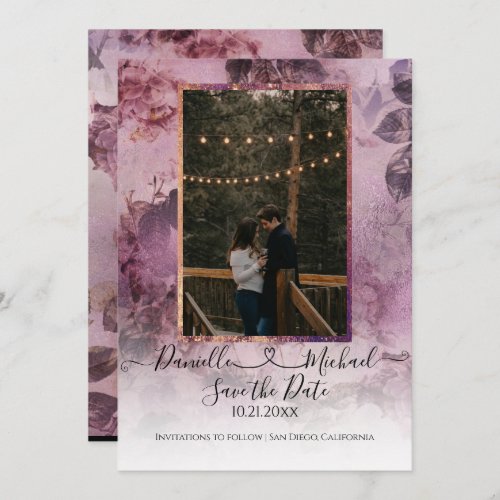 Moody Modern Floral Purple Script Heart Photo Save The Date