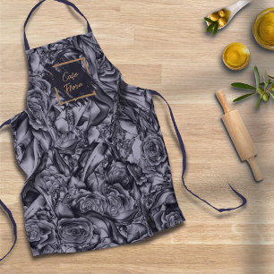 Moody Monochrome Deep Navy Blue Floral Pattern Apron