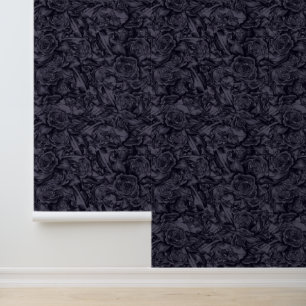Moody Monochrome Deep Navy Blue Floral Pattern Wallpaper