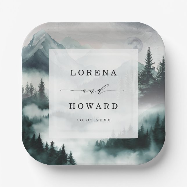 Moody Mountain Moonlit Pine Forest Wedding Paper Plates (Front)