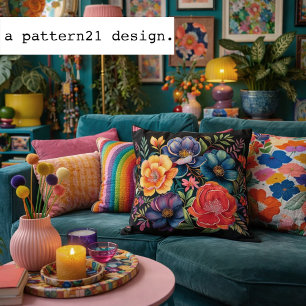 Moody Multicolor floral on black pattern Throw Pillow