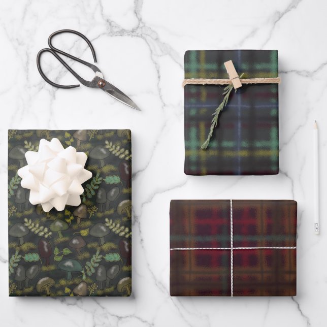 Moody Mushrooms Burgundy and Green Plaid  Wrapping Paper Sheets (Front)