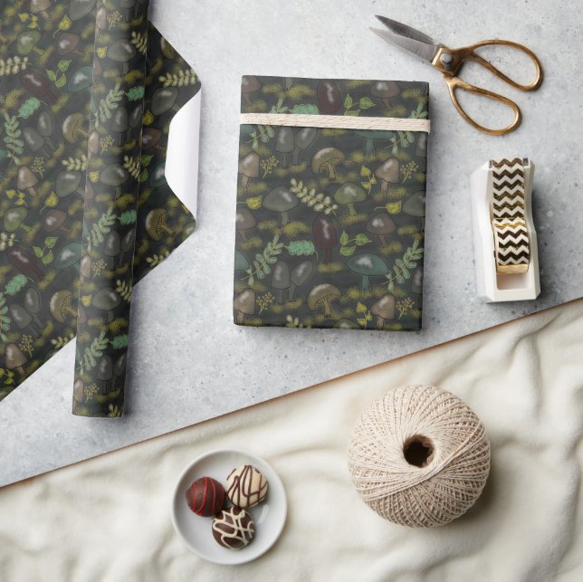 Moody Mushrooms Dark Sage Dirt Brown Gray Green  Wrapping Paper (Crafts)