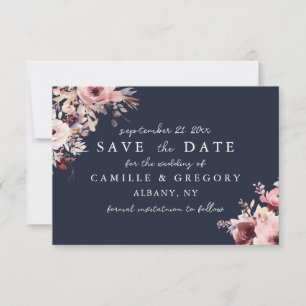 Moody Navy Blue Dusty Pink Floral Wedding Save The Date