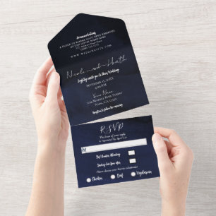 Moody Navy Blue Modern Watercolor Wedding All In One Invitation