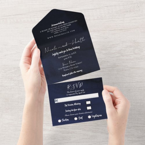 Moody Navy Blue Modern Watercolor Wedding   All In One Invitation