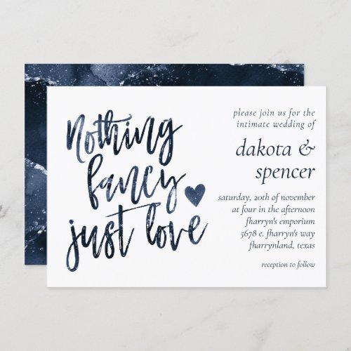 Moody Navy Blue Nothing Fancy Just Love Invitation