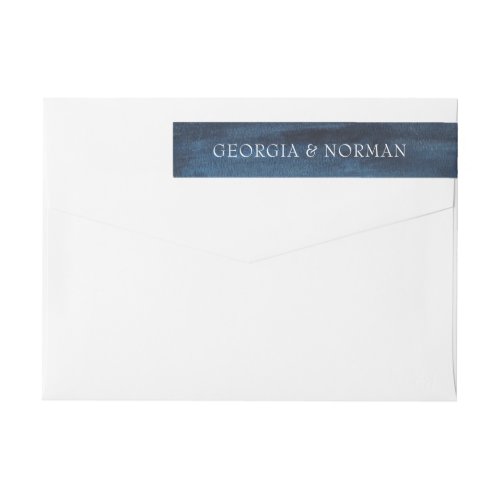 Moody Navy Blue Watercolor Wedding Return Address Wrap Around Label