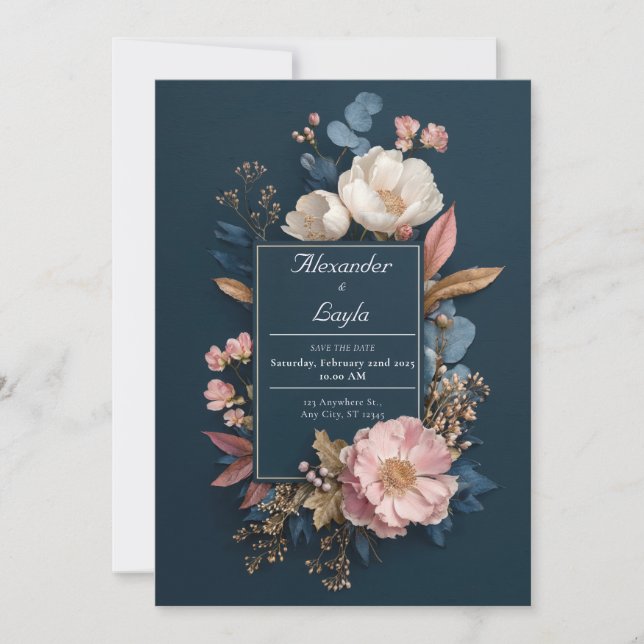 Moody Navy Blush Pink White Floral Wedding Invitation (Front)