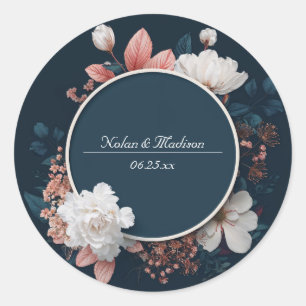 Moody Navy Blush White Floral Wreath Wedding Classic Round Sticker