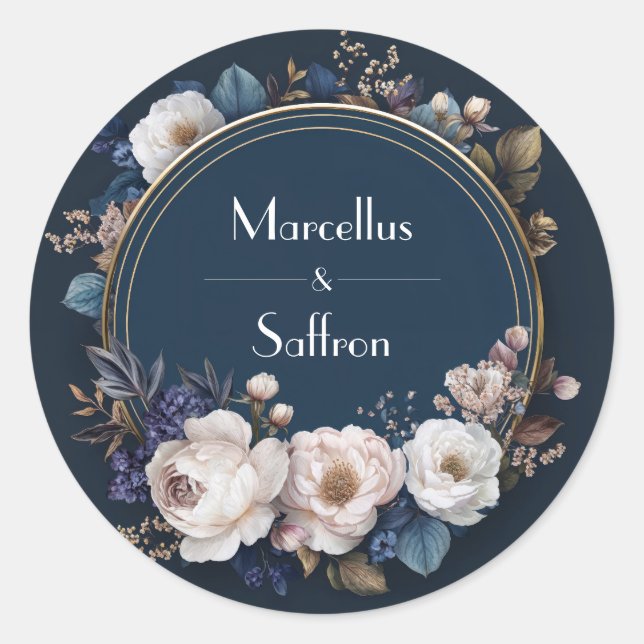 Moody Navy Cream Gold Floral Wreath Wedding Classic Round Sticker (Front)